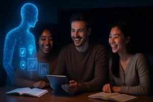 Teacher using AI teaching assistant tools alongside traditional chalkboard methods in modern classroom setting