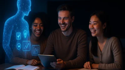 Teacher using AI teaching assistant tools alongside traditional chalkboard methods in modern classroom setting