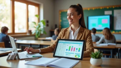 Happy teacher using AI lesson planner software on tablet in modern classroom, displaying colorful analytics dashboard for creating effective AI lesson plan with data-driven insights for student engagement and learning outcomes