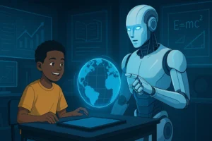 AI-powered personalized learning tools transforming a modern classroom with students using adaptive technology
