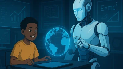 AI-powered personalized learning tools transforming a modern classroom with students using adaptive technology