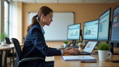 AI in education: Teacher assisting students using laptops for digital learning in modern classroom setting