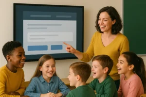 Happy teacher demonstrating best AI lesson plan generator software on interactive whiteboard to engaged elementary students, showcasing modern lesson planning AI technology and lesson plan maker tools in contemporary classroom setting