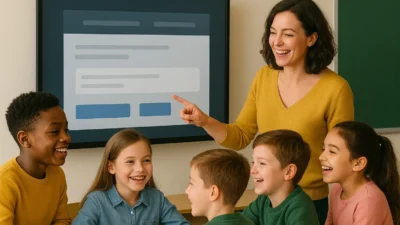 Happy teacher demonstrating best AI lesson plan generator software on interactive whiteboard to engaged elementary students, showcasing modern lesson planning AI technology and lesson plan maker tools in contemporary classroom setting