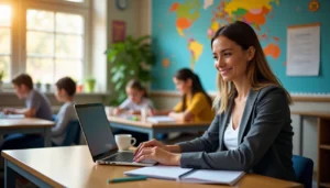 ChatGPT for teachers : Female educator using laptop in modern classroom with students and colorful world map background