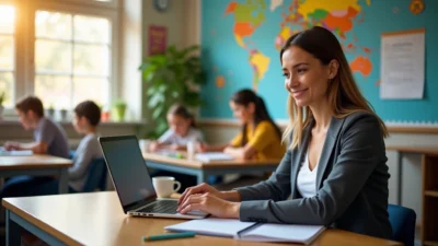 ChatGPT for teachers : Female educator using laptop in modern classroom with students and colorful world map background