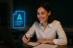 Enseignant stressé assis au bureau avec des piles de livres pour corriger des copies dans une salle de classe