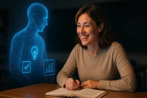 Enseignant utilisant l'IA pour l'enseignement lors d'une session d'apprentissage en ligne avec documents et visioconférence