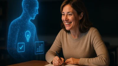 Enseignant utilisant l'IA pour l'enseignement lors d'une session d'apprentissage en ligne avec documents et visioconférence