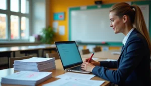 Teacher grading essays on a laptop with CoGrader