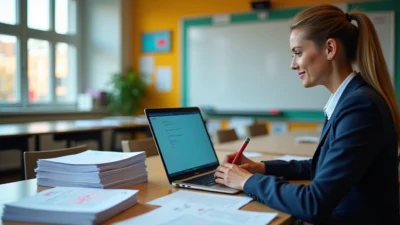 Teacher grading essays on a laptop with CoGrader
