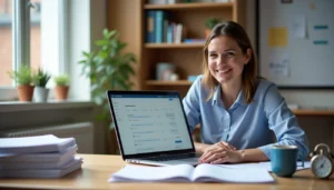 Enseignante utilisant CoGrader sur ordinateur pour corriger en classe lumineuse