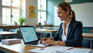 Teacher exploring essay grader AI dashboard while reviewing automated grading results on laptop in modern classroom setting.