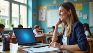 Teacher using Magic School AI on laptop while grading papers at desk, with students engaged in classroom activities in the background.