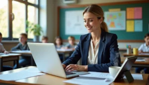 Enseignante en blazer bleu utilisant Magic School AI sur ordinateur portable dans classe avec élèves travaillant.