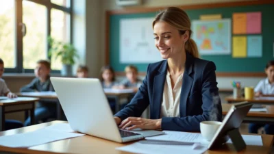 Enseignante en blazer bleu utilisant Magic School AI sur ordinateur portable dans classe avec élèves travaillant.