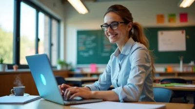 Enseignante souriante utilisant Eduaide AI sur son ordinateur portable dans une salle de classe moderne avec tableau vert et café.