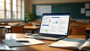 Laptop displaying AI Detectors for Teachers software on a classroom desk with notebooks, pen, and coffee cup in a bright school setting.