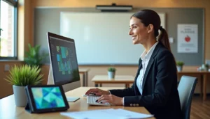 Image: Teacher in a classroom using a desktop computer to create quizzes with ai test generator for teachers software.