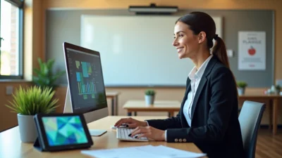 Image: Teacher in a classroom using a desktop computer to create quizzes with ai test generator for teachers software.