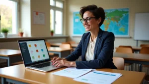 Teacher sitting in a classroom working on a laptop with custom ai worksheet generator displayed on the screen.