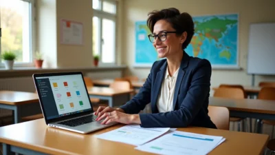 Teacher sitting in a classroom working on a laptop with custom ai worksheet generator displayed on the screen.