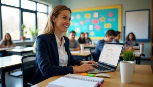 Teacher working on a laptop in a classroom with students and colorful bulletin board in the background generated by Brisk Teaching.