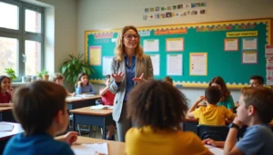 Teacher implementing effective classroom management strategies while engaging with attentive students seated at desks in a bright, well-organized classroom with colorful educational displays and bulletin boards on the walls.