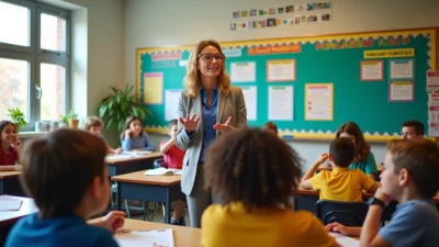 Teacher implementing effective classroom management strategies while engaging with attentive students seated at desks in a bright, well-organized classroom with colorful educational displays and bulletin boards on the walls.