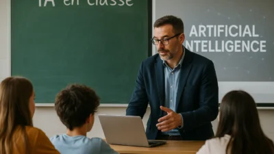 Enseignant utilisant l'IA en classe pour corriger des copies plus rapidement avec ordinateur portable et élèves
