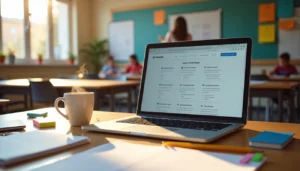 Laptop displaying Eduaide AI lesson plans on a classroom desk with a steaming mug and school supplies nearby.