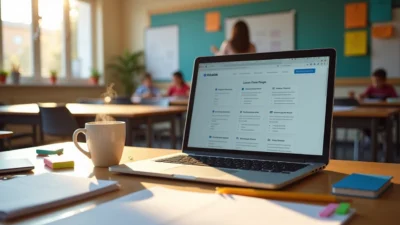 Laptop displaying Eduaide AI lesson plans on a classroom desk with a steaming mug and school supplies nearby.
