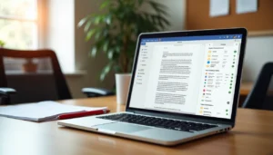 Interface Essay Grader AI affichée sur ordinateur portable dans bureau moderne avec documents et plante verte