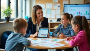 Teacher reviewing Florida FAST testing results with elementary students on tablet in classroom - data-driven instruction example