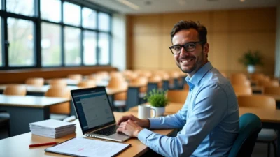 Teacher sitting in a classroom using a laptop with gradescope AI and papers on the desk in front of them.