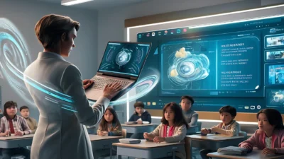 Une enseignante utilise des technologies d'IA à l'école dans une salle de classe futuriste, manipulant des interfaces holographiques et des écrans interactifs devant des élèves attentifs assis à leurs bureaux, illustrant l'intégration de l'intelligence artificielle dans l'éducation moderne