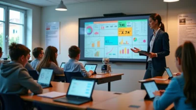 Enseignante utilisant IA enseignement avec écran interactif et données analytiques en classe moderne avec élèves