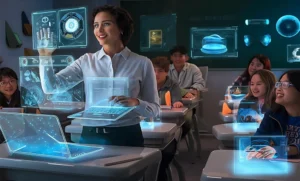 Enseignante utilisant l'IA pour enseignant gratuit avec interfaces holographiques en classe