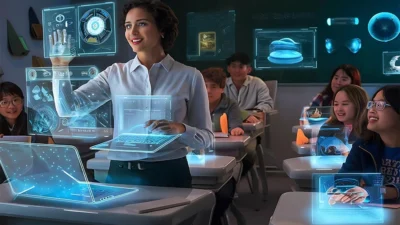 Enseignante utilisant l'IA pour enseignant gratuit avec interfaces holographiques en classe