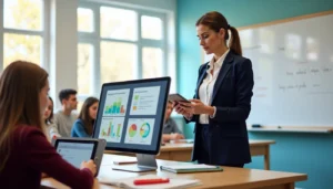 Formatrice montrant des outils IA pour les enseignants avec graphiques analytiques sur écran et étudiants attentifs