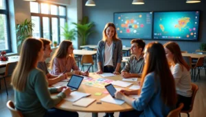 Enseignante mettant en pratique les innovations pédagogiques avec des étudiants collaborant autour d'une table avec tablettes et supports colorés en classe moderne