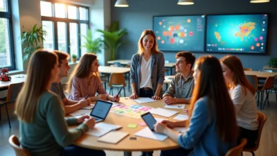 Enseignante mettant en pratique les innovations pédagogiques avec des étudiants collaborant autour d'une table avec tablettes et supports colorés en classe moderne