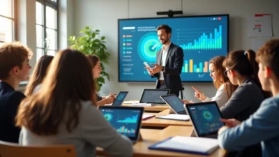 Professeur montrant comment utiliser intelligence artificielle avec étudiants et écrans interactifs en classe
