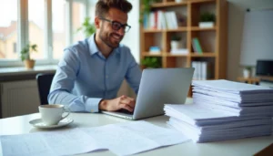 Enseignant utilisant PyxiScience sur ordinateur avec piles de copies à corriger