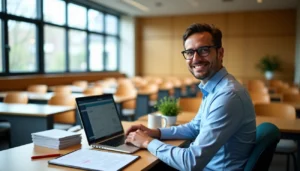 Enseignant utilisant Grasdescope sur ordinateur dans une classe moderne