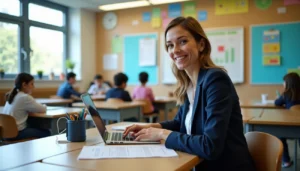 Teacher working with laptop in ai classroom with students learning