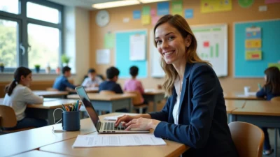 Teacher working with laptop in ai classroom with students learning
