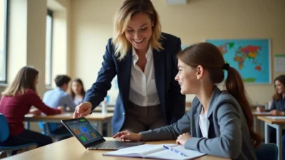 Teacher demonstrating ai in teaching tools on laptop to student in classroom