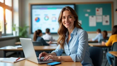Ai teacher working on laptop in modern classroom with interactive display