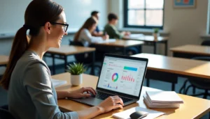 Teacher using auto grading software on laptop with stack of papers in classroom